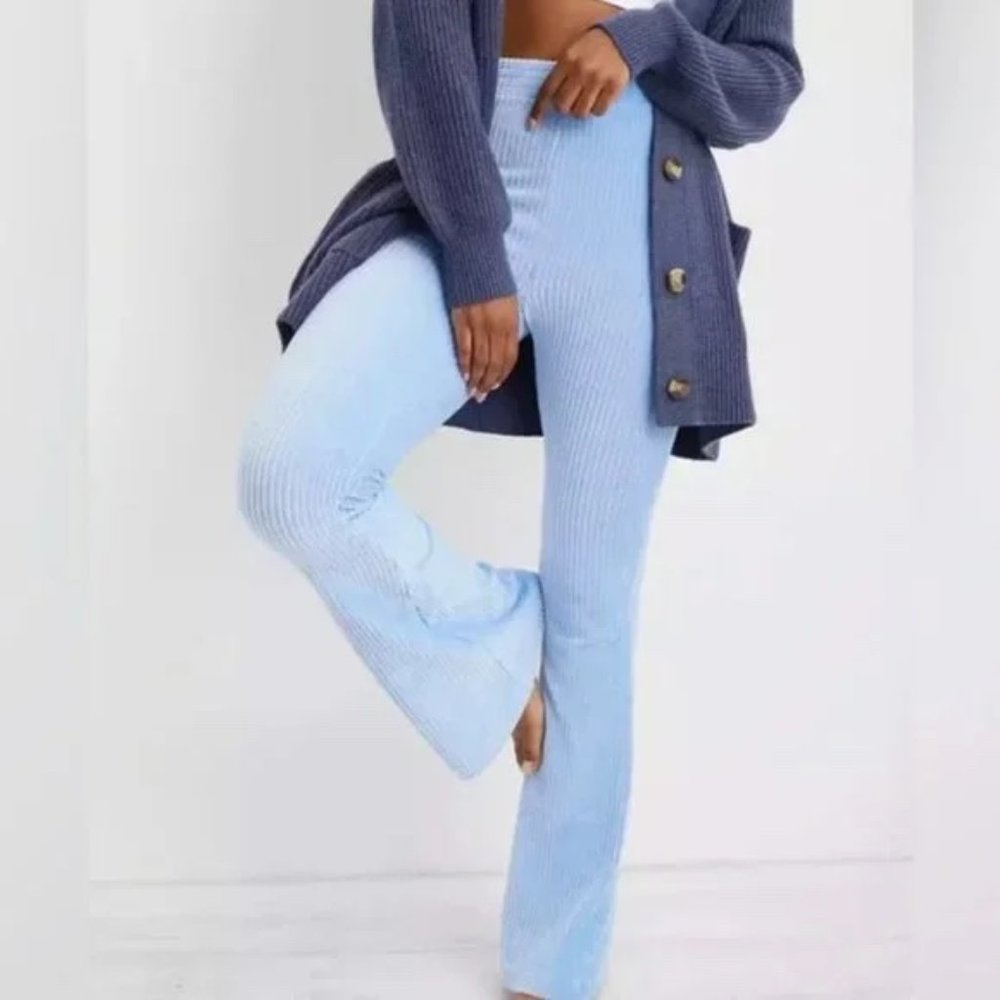AERIE Groove On Velour High Waisted Flare Pant Blue Lion